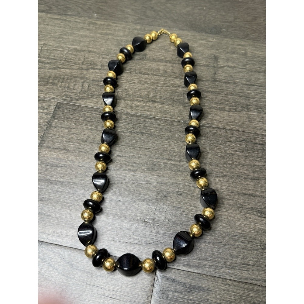 NAPIER Black Goldtone Bead Necklace Vintage Beaded Long Statement